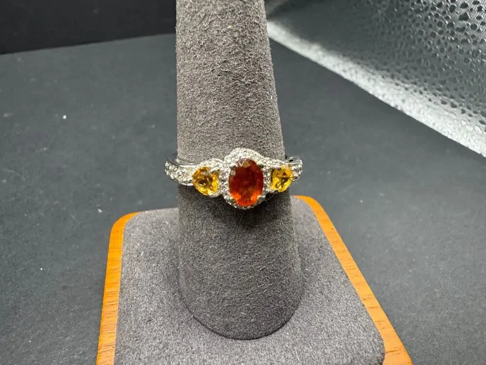 Vintage Sterling Silver 925 Hessonite Citrine Three Stone Halo Ring Accent
